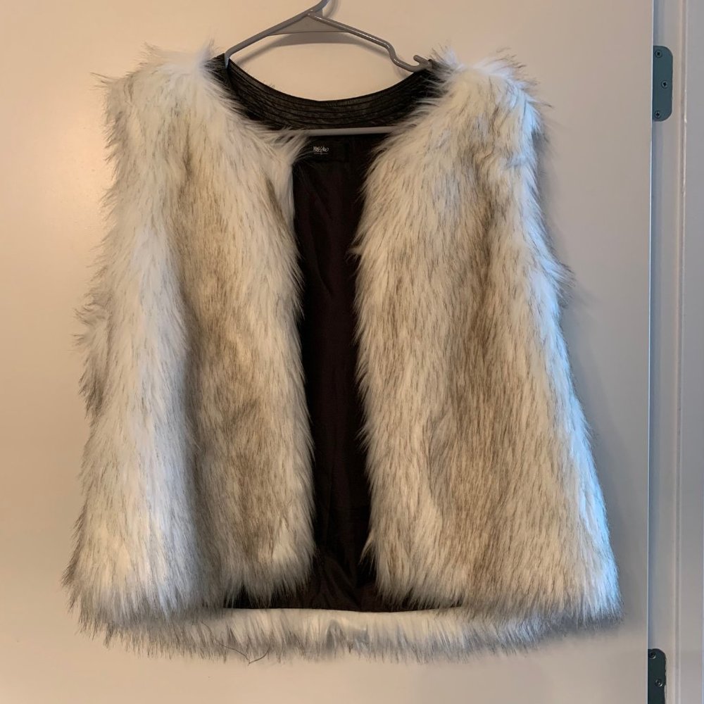White and Grey Faux Fur Vest w/ faux leather trim
